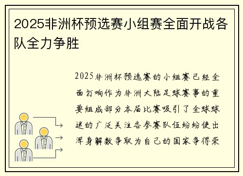 2025非洲杯预选赛小组赛全面开战各队全力争胜